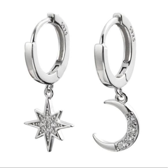 NEW 925 STERLING SILVER DIAMOND MOON STAR HOOPS, nice hoops, cute hoops - Picture 6 of 7
